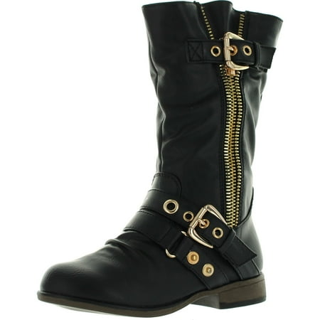 

Link Girls Chapter16 Kids Metal Zipper Dual Buckle Mid Calf Motorcycle Boots Black 9