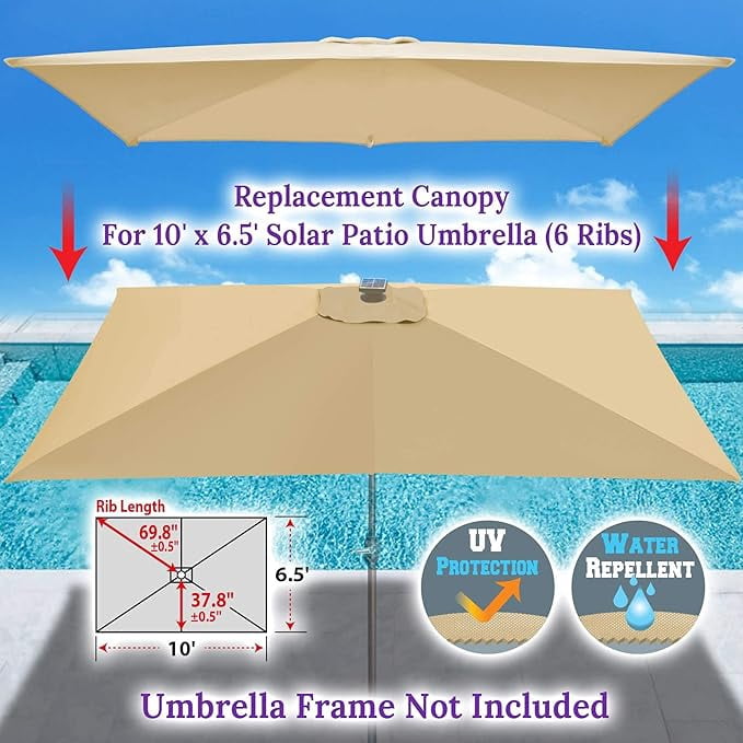 SOLAXO 6-Rib 10'x6.5' Solar Patio Umbrella Replacement Canopy cover for Outdoor