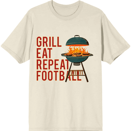 Grill Eat Repeat Football Adult Natural Crew Neck Short Sleeve Tee-XL