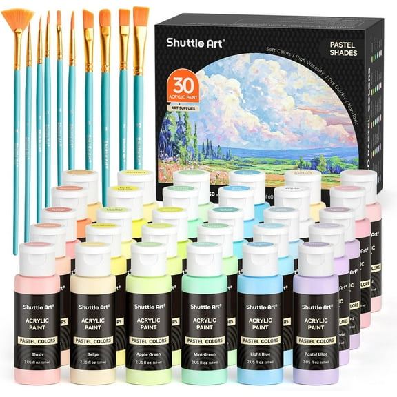 Shuttle Art 40 Pack Pastel Acrylic Paint Set, 30 Colors, 60ml/2oz Bottles, High Viscosity, Water-proof Paint With 10 Paint Brushes for Painting &Crafting