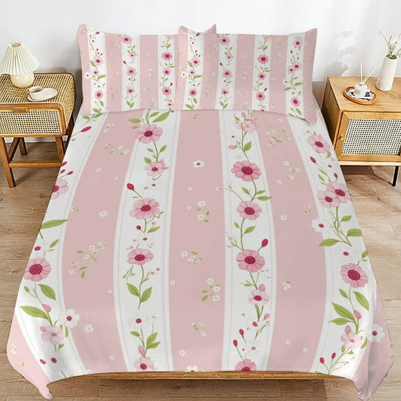 Pink Floral Stripes Pattern_1 Duvet Cover 3pcs Set Themed Multicolor Polyester Bedding Set for Bedroom Decoration Twin