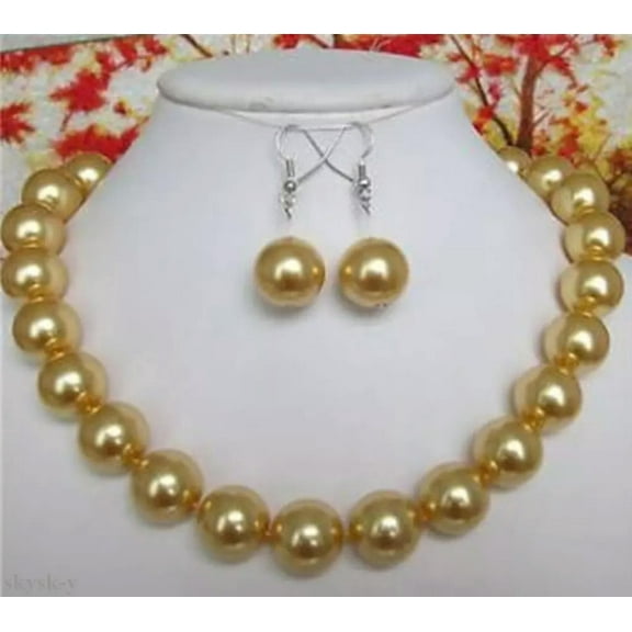 K-KED Rare 14mm Natural Yellow Round South Sea Shell Pearl Necklace 18'' Earrings Set