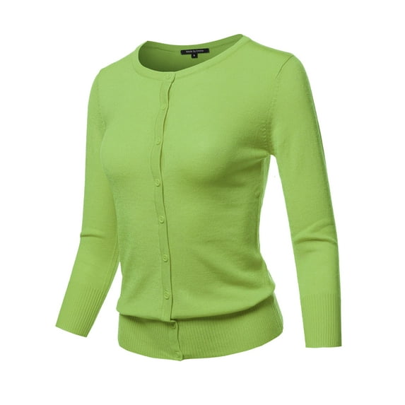 FashionOutfit Women's Solid Crew Neck Button Down 3/4 Sleeves Knit Cardigan