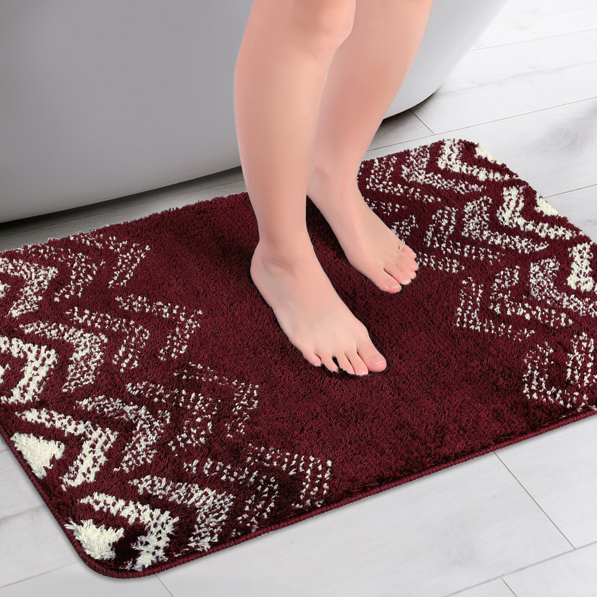 Unique Bargains 2 Pcs Geometric Patterns Bathroom Mats Absorbent Non-Slip Bath Rugs Red 16" x 24"
