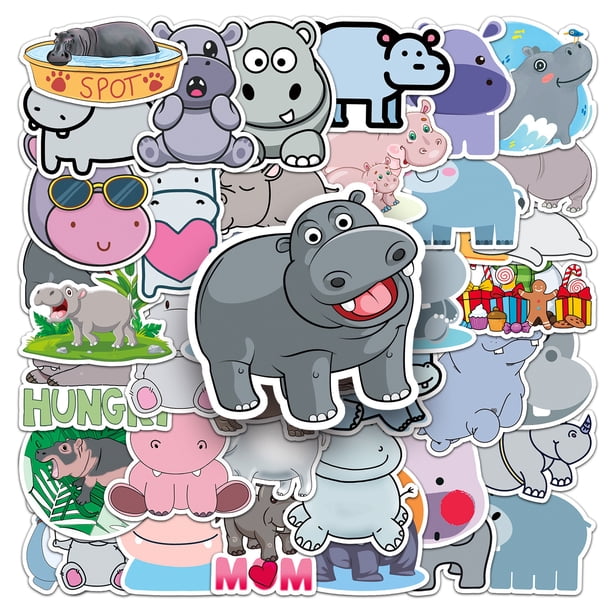 Paquete de pegatinas de vinilo impermeable con forma de animal hipopótamo, 50 unidades
