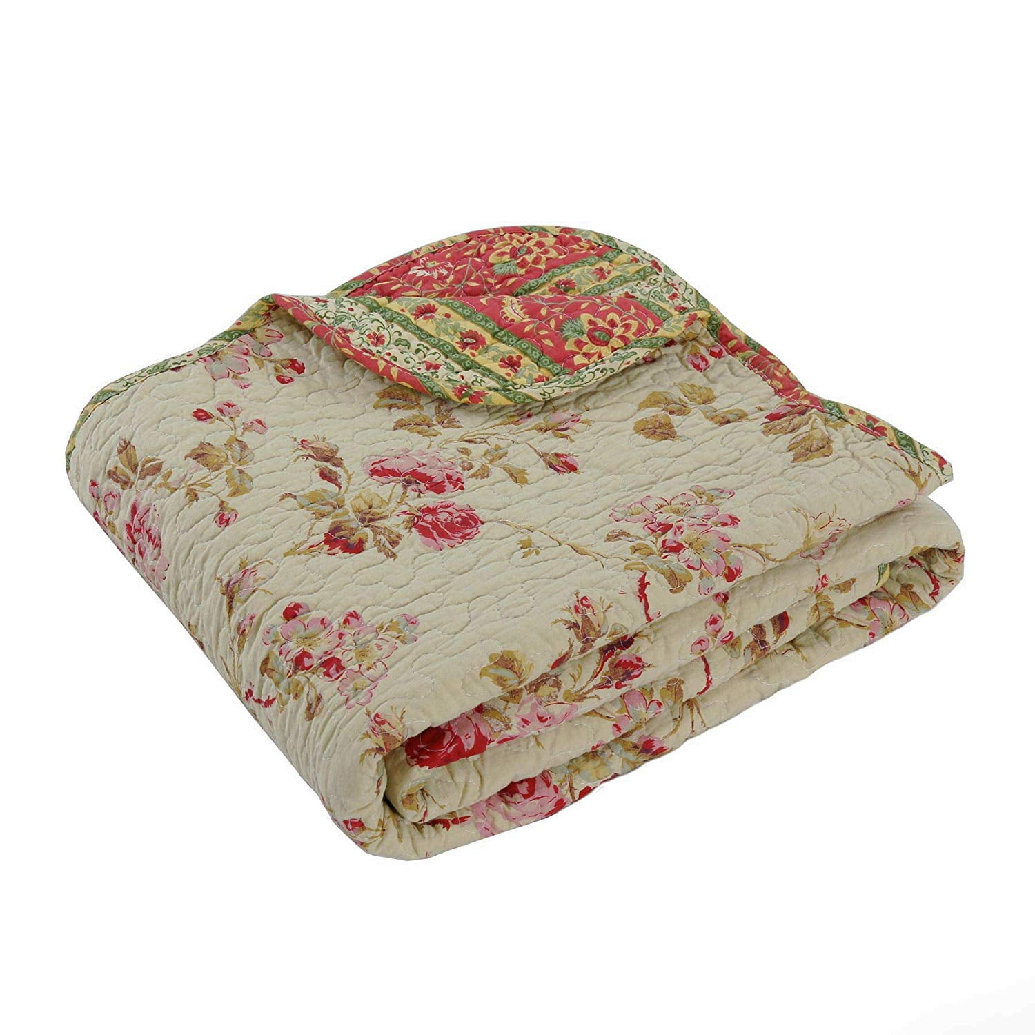 Cozy Line Vintage Rose Floral Print 100% Cotton Reversible Quilted Throw Blanket