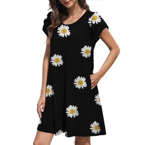 SHOPESSA Women's Round Neck Petal Short Sleeve With Pocket Ruffle Hem Tunic Black Dresses for Women