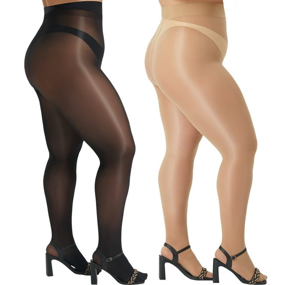 Manzi Women's Plus Size Oil Shiny Pantyhose 15D Shimmer Silky Tights High Waist Stockings 2 Pairs