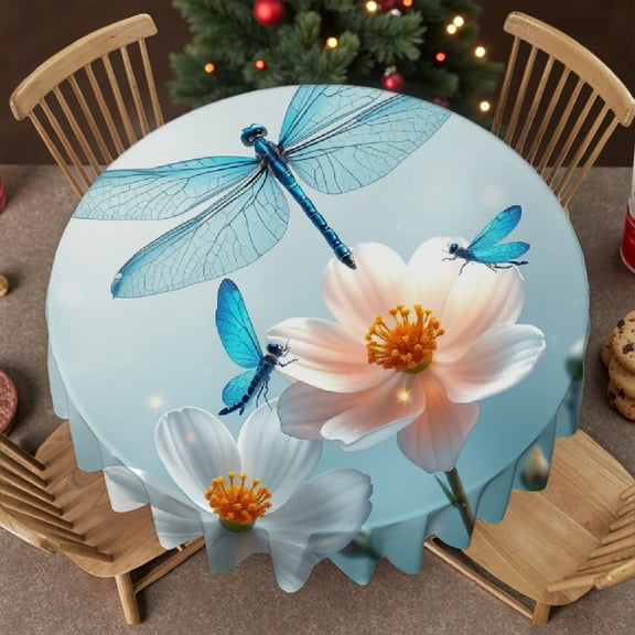RKSupls 60 Inch Round Tablecloth, Blue Dragonfly Flower Polyester Table Cover - Soft, Stain Resistant & Washable Decor for Wedding, Party, Holiday, Home Dining