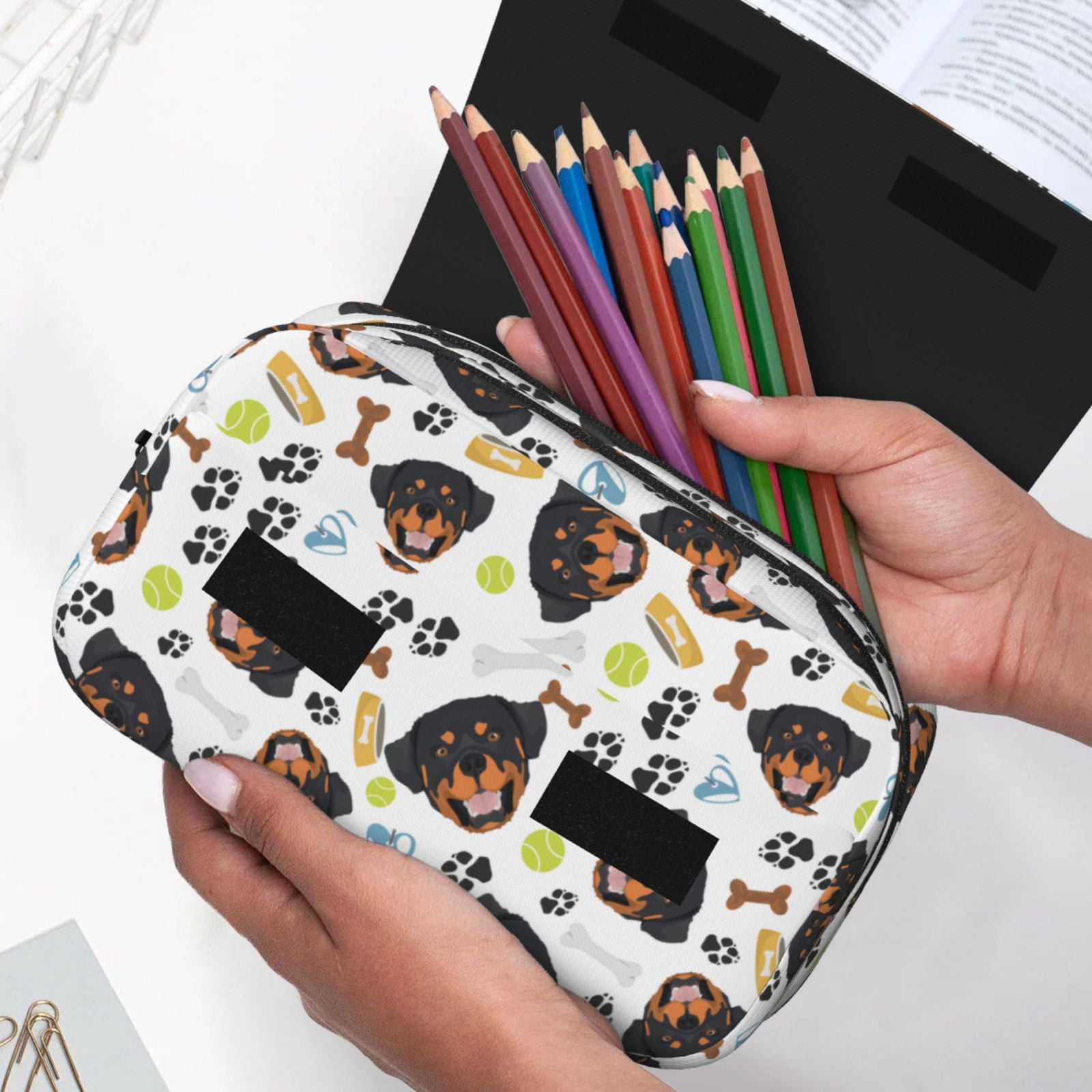 Rateoe Rottweiler Pattern Double Clamshell Pen Case, Storage Organizer with Two Zipper Compartments– Holds Up to 50 Pencils & Pens