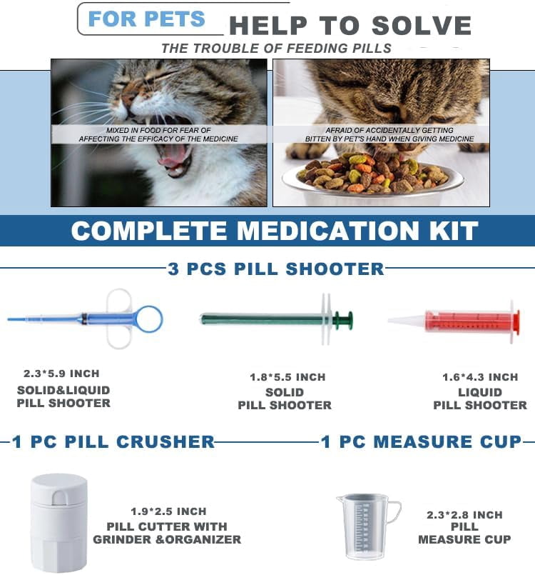 Cat Pill Shooter 5-in-1 Kit, Pet Cutter and Crusher for Cats Dogs, Dog Tablet Soft Tip Syringe Medical Feeding Liquid Dispenser Tool with Plastic Measuring Cup 100ml