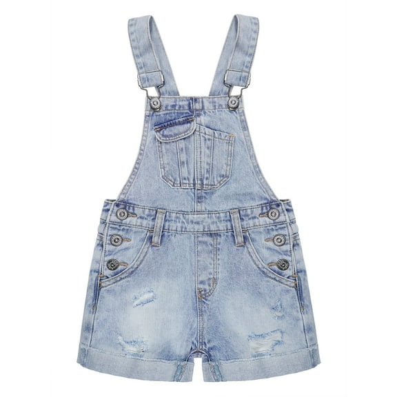KIDSCOOL SPACE Girls Boys Jeans Shorts,Ripped Adjustable Straps Summer Denim Shortalls,Light Blue,5-6 Years