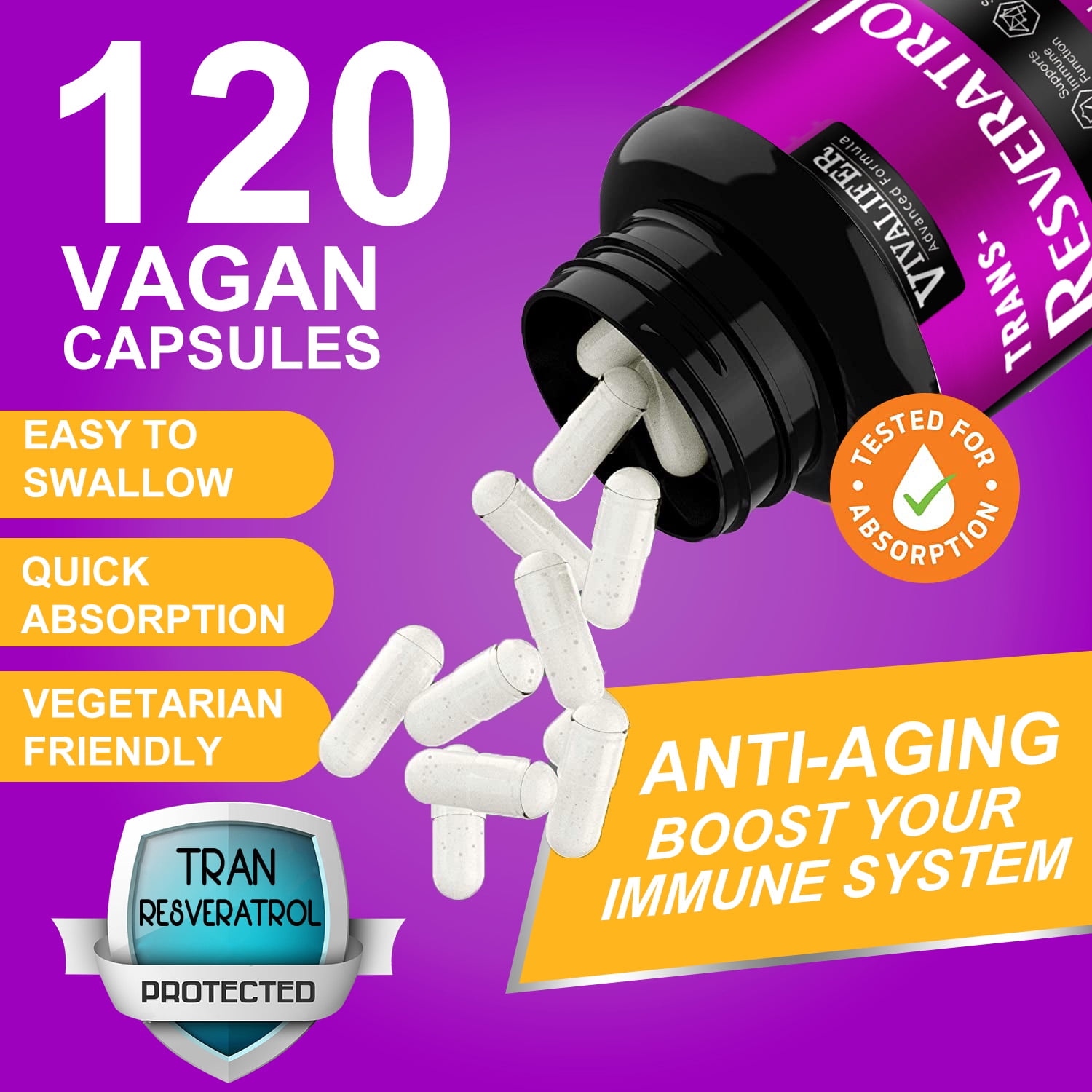 VIVALIFER Resveratrol 500mg, Anti Aging Antioxidant Supplement 120 Capsules