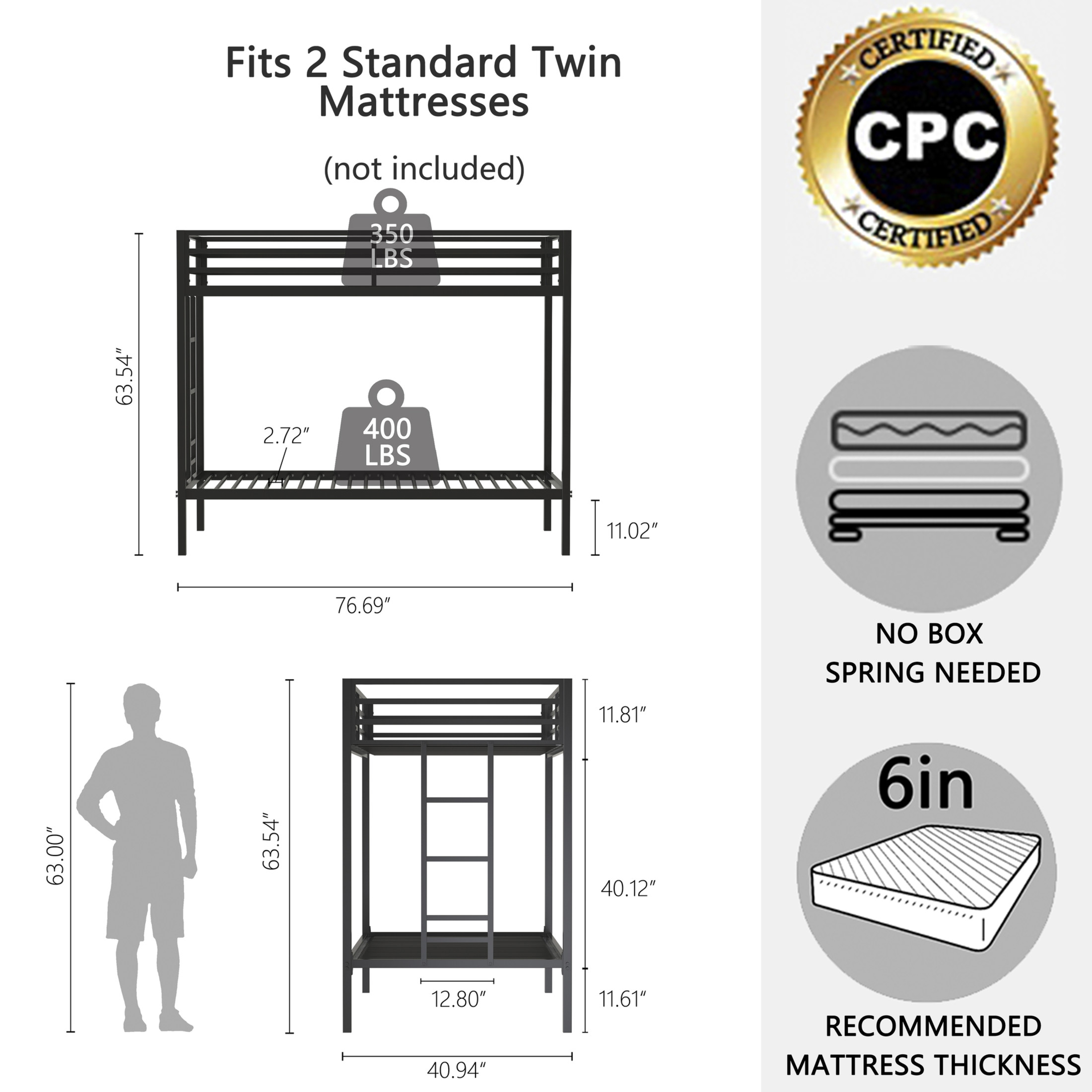 Noble House Adam Twin Over Twin Bunk Bed with Ladder, Guardrails, Metal Frame, Black