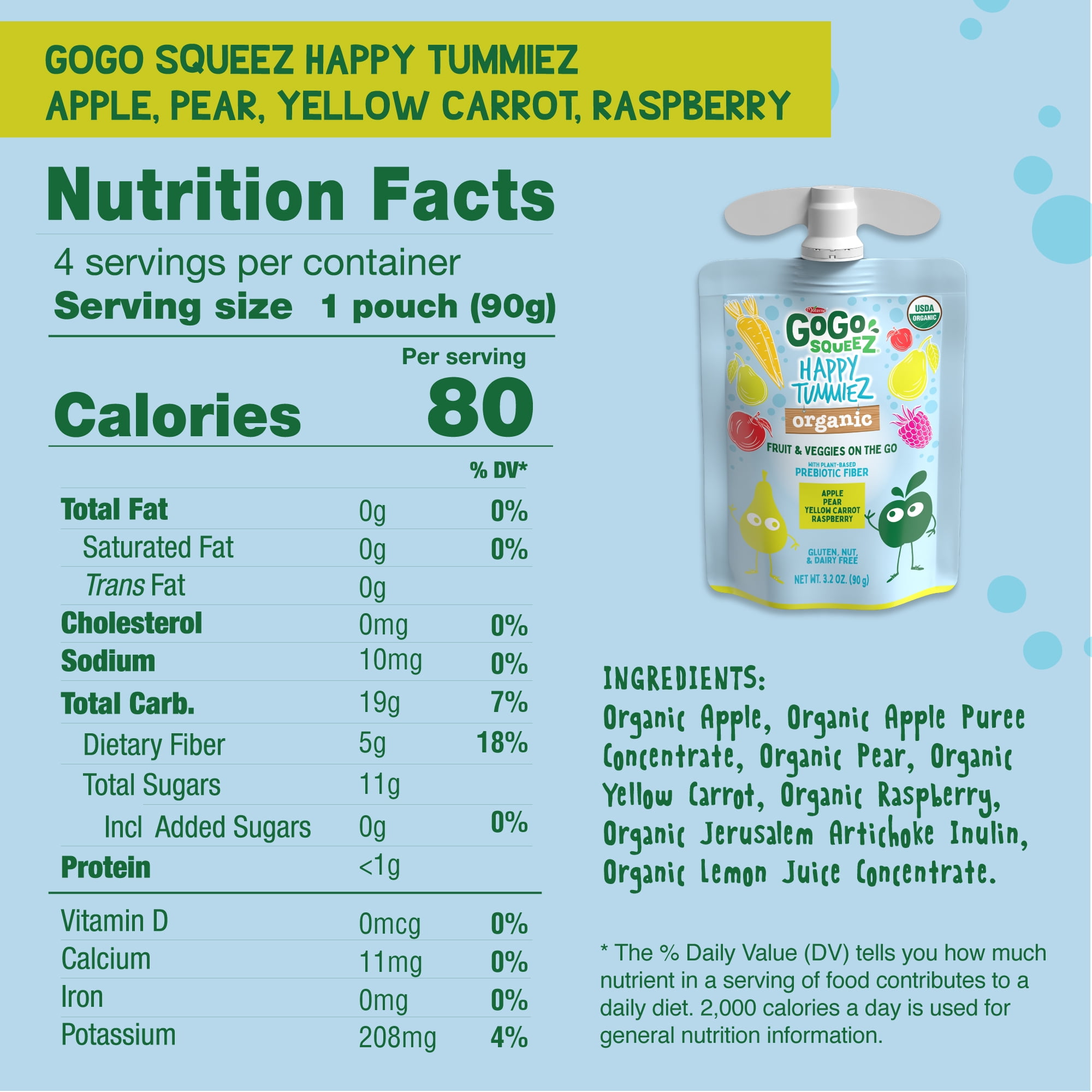 GoGo squeeZ Happy TummieZ Apple Pear Yellow Carrot Raspberry and Organic Apple Strawberry Pomegranate Spinach Snack Pouches, 3.2 oz, 10 Pack
