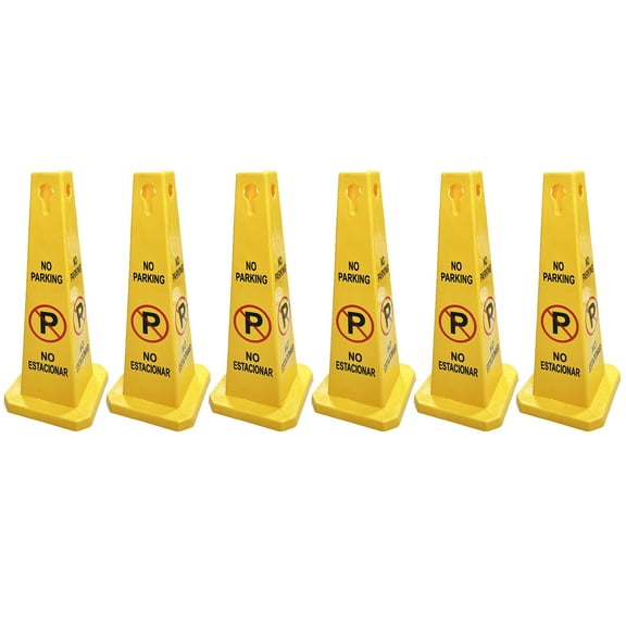 Pack of 6 Four-Sided Traffic Cone No Parking Sign, High Visibility Yellow, 26.5" Heigh