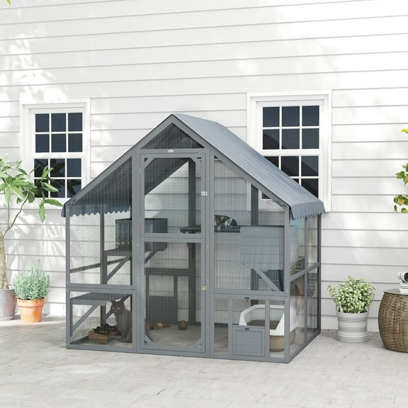 PawHut Large Catio Outdoor Cat Enclosure, Wooden Cat House for Multiple Cats, with Waterproof Cover, 2 Condos, 4 Platforms, Bridge, Doors, Gray