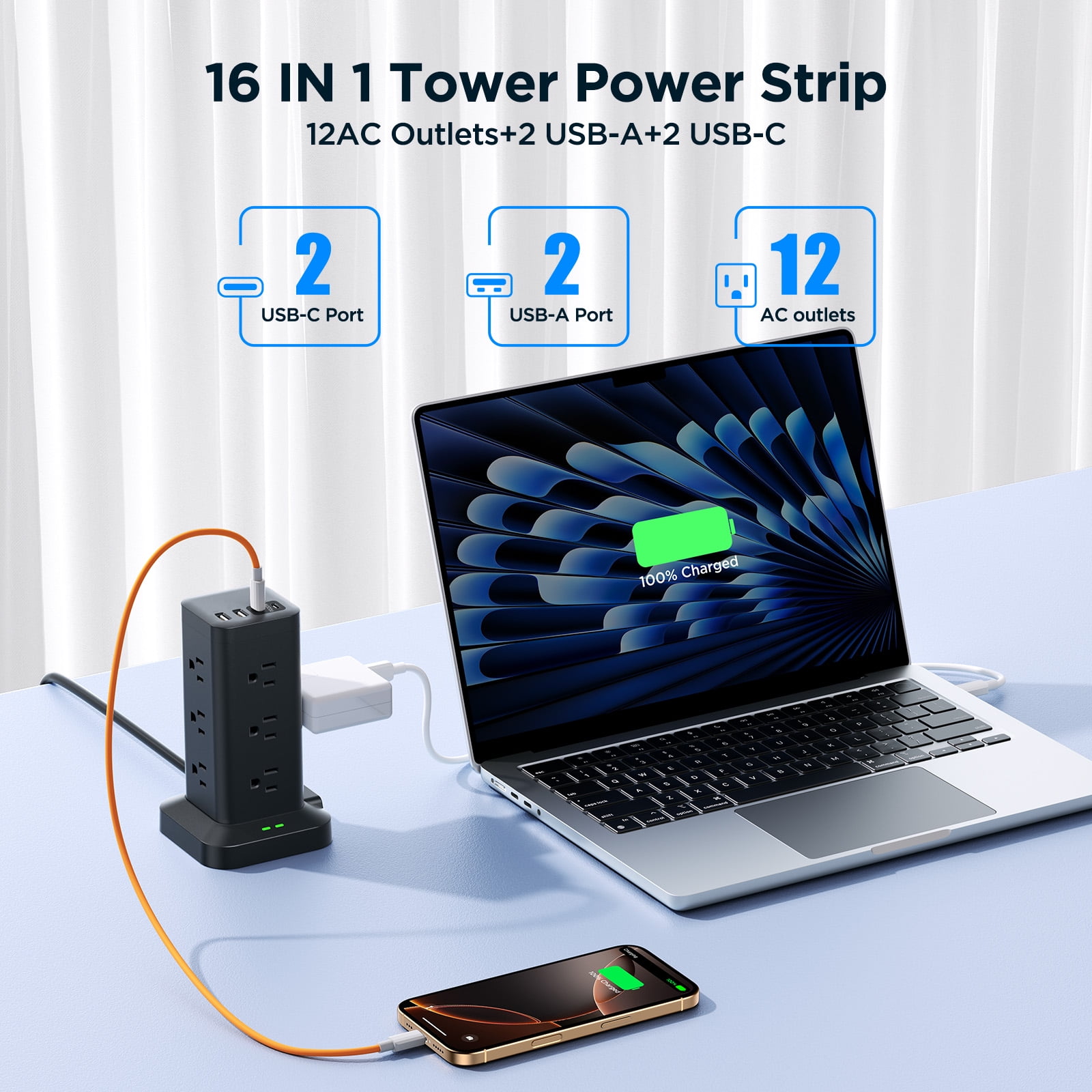 Aioneus Power Strip Tower Surge Protector with 12 Outlets and 4 USB (2 USB C + 2 USB A Ports) 6 FT Extension Cord, Black (2Pack)