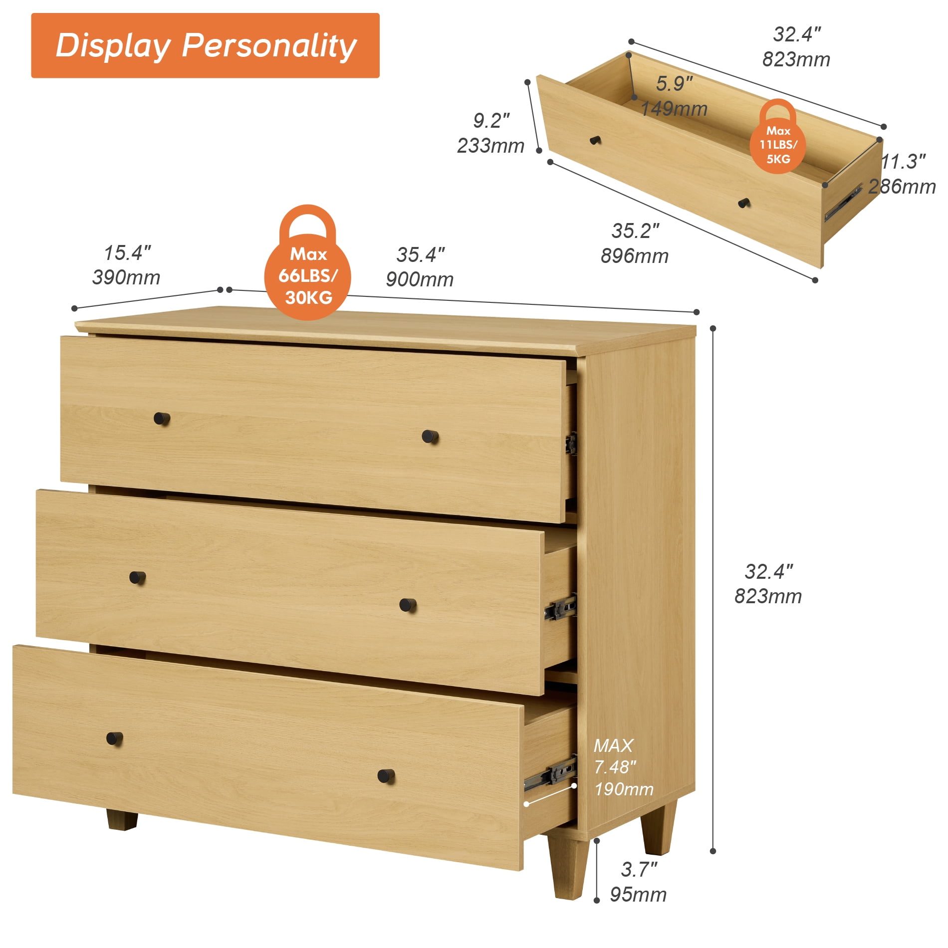 WAMPAT Large 3-Drawer Nightstand, 36" Wide Wooden Bedside Table with Deep Storage, Modern Oversized End Table for Bedroom, Oak Wood