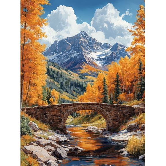Autumn Mountain Bridge Stone Wall Canvas Print/Painting, Suitable for Living Room, Bedroom, Office, Hallway, and Dining Room Decoration.