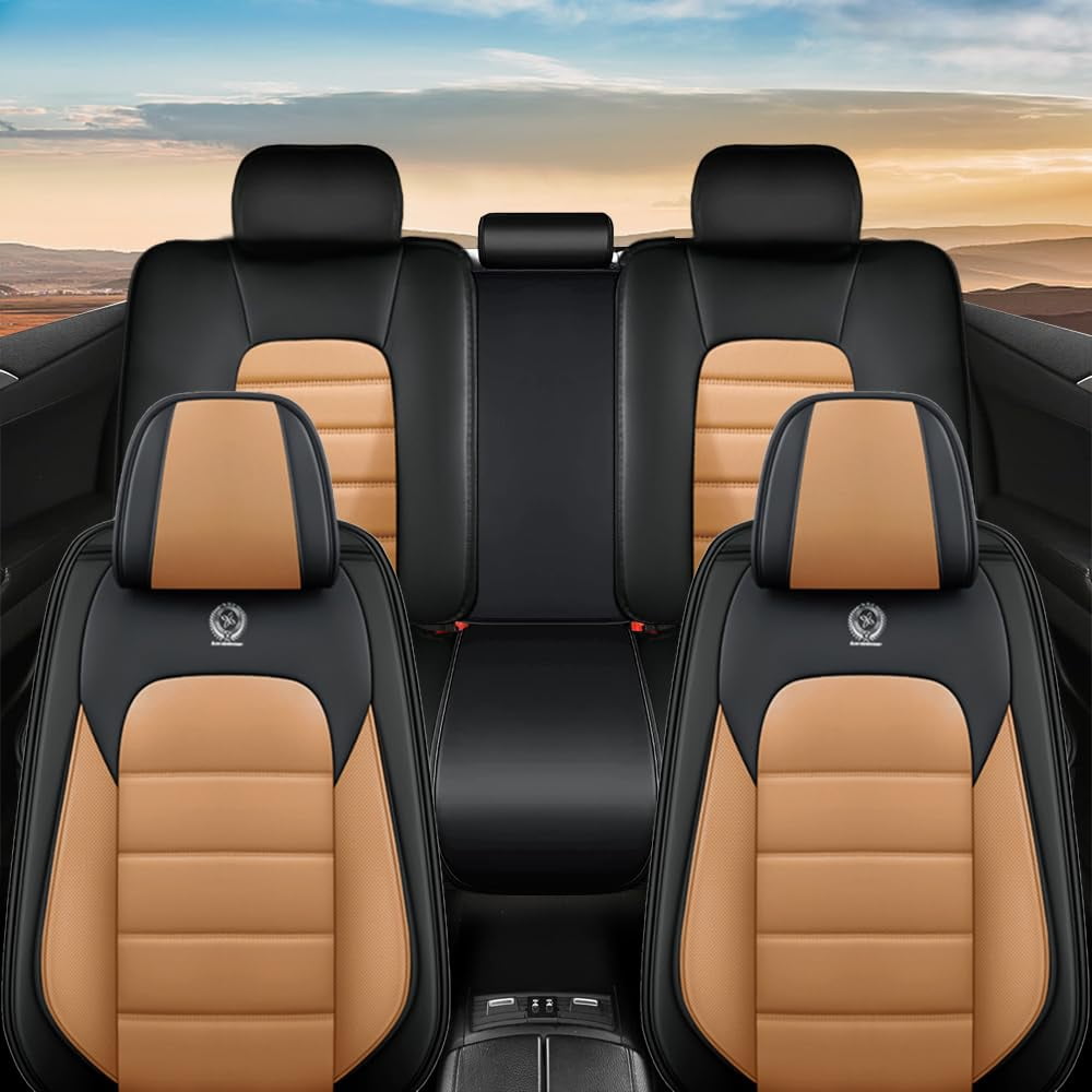 AFUNTIO Leather 5 Seat Covers for Jeep 99% Models,Car Seat Cushions Full Set,Waterproof Car Sit Protectors,Nonslip Interior Accessories(Black and Orange)