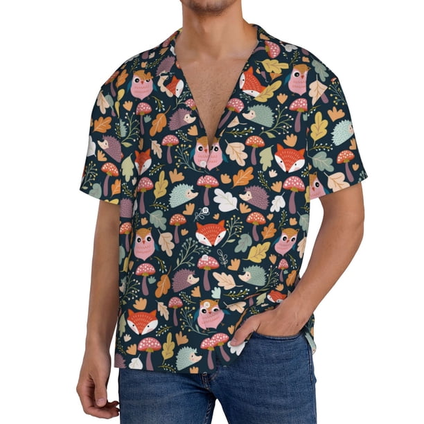Balery Autumn Fox Owl Camisa Casual de Manga Corta con Botones para Hombre, Texturizada, Estilo Cubano, para Playa, Verano-Large
