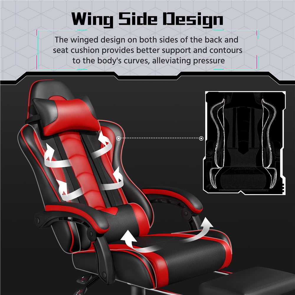 Fullfurnique Ergonomic High Back Gaming Chair with Slide Out Footrest, Black/Red