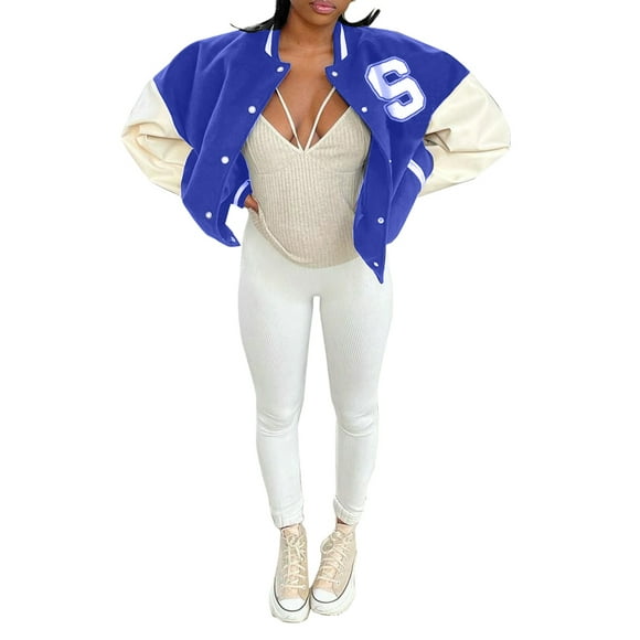 Women Crop Bomber Jacket Oversized Varsity Button Down Baseball Coat Casual Patchwork Outwear