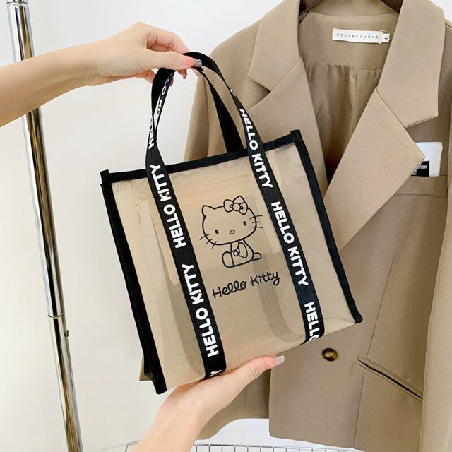 Bolsa de cosméticos Kawaii Sanrio Hellokitty, bolsa de mano de malla transparente de Anime, bolsa de lavado de estudiantes, bolsa de almacenamiento de gran capacidad de viaje, juguete de regalo