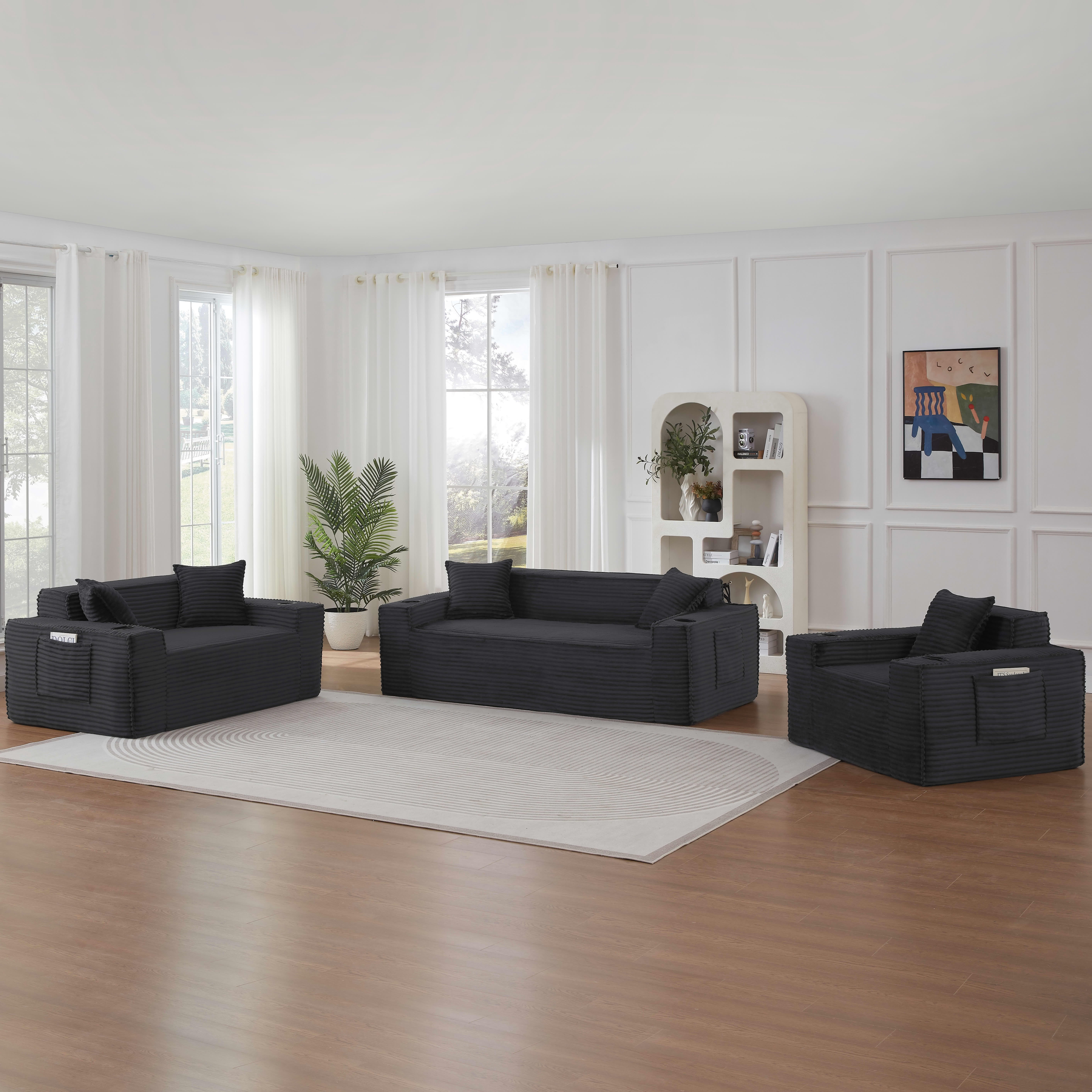 MAYEERTY Modern Minimalist Corduroy Couch with Side Pockets & Cup Holders, Space-saving for Apartments/Offices, Gray