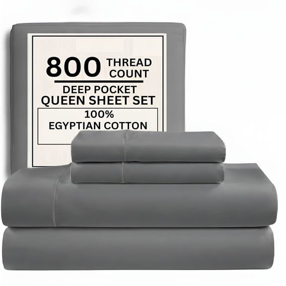 AUQ Egyptian Cotton Sheets Queen Size 800 Thread Count,100% Cotton Queen Sheet Set — Deep Pocket Fitted 15",Sateen Weave,No Pill,Soft Cooling Charcoal 4 Piece Bed Set