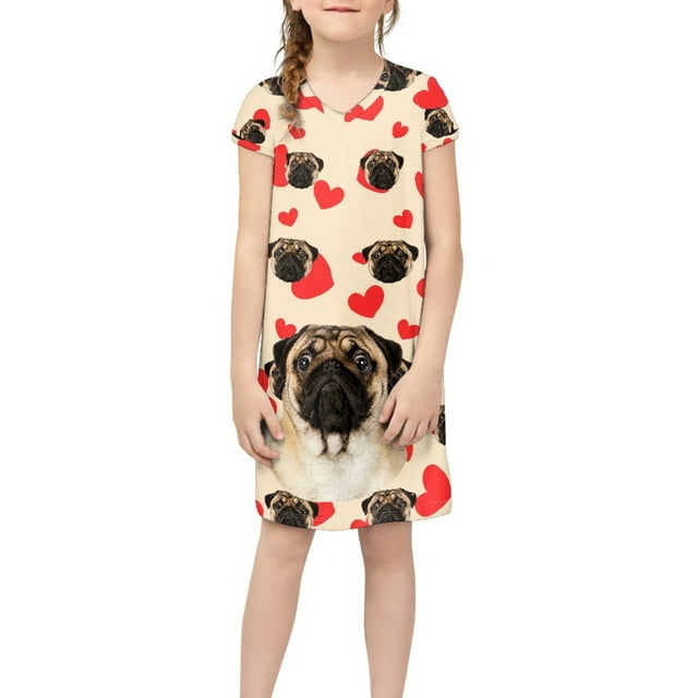 Xoenoiee Loves Pug Dog Print Kids Short Sleeve Tee Dress Soft