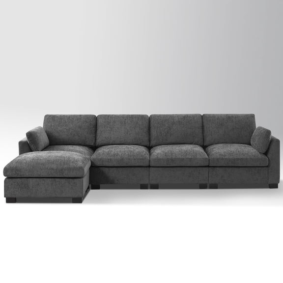 METIS WONG Office Sofa 130″ L-Shaped Modular Sectional in Gray Chenille with Side Storage, Folding Table & USB. 5-Seat Couch & Ottoman for Office/Reception/Commercial.