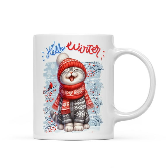 Hello Winter Scottish Fold Smiling in Red Scarf Hat Welcome Christmas Mug Cat Lover Kitten Owner Gifts Coffee Tea Cup - 00017