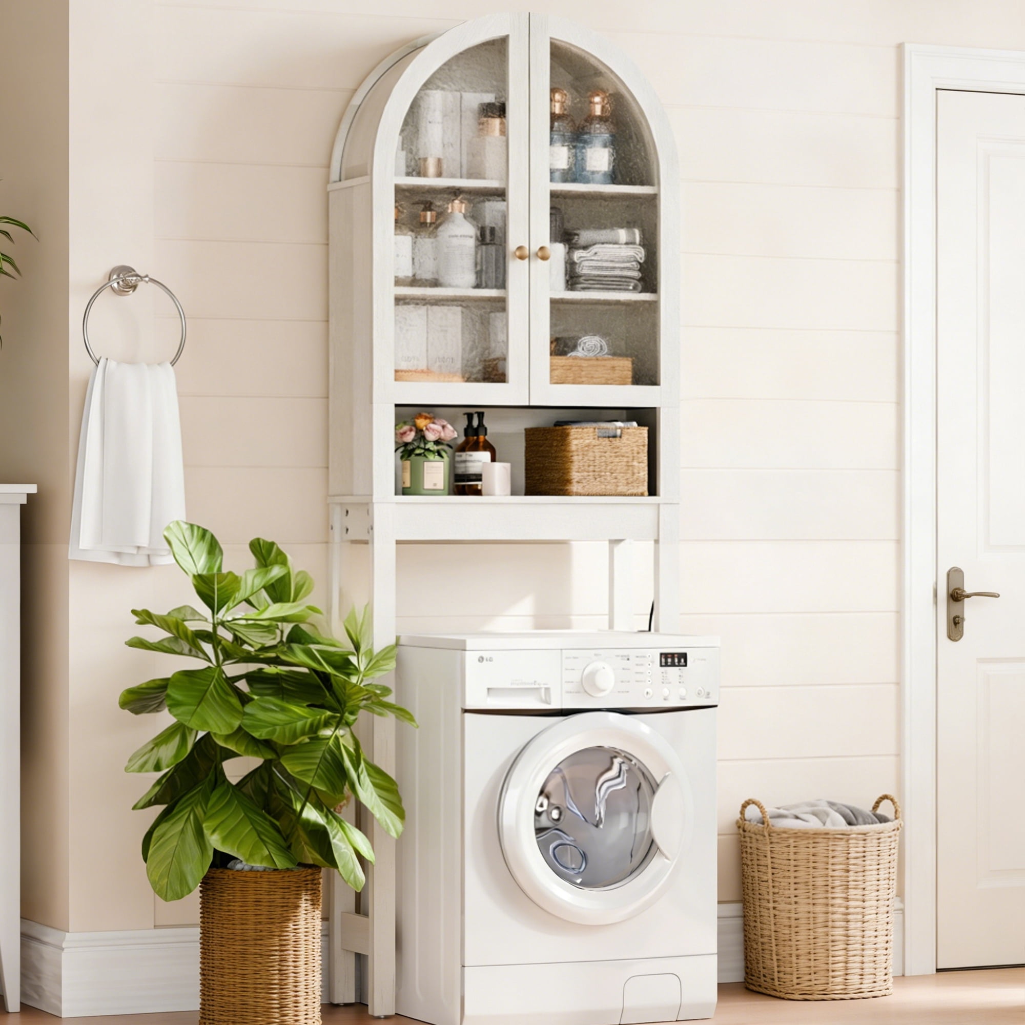 HMstone Over The Toilet Storage Cabinet, 23.7’’W Bathroom Storage Shelf Organizer with Acrylic Doors, Freestanding Above The Toilet Storage Cabinet with Adjustable Shelf for Bathroom, White