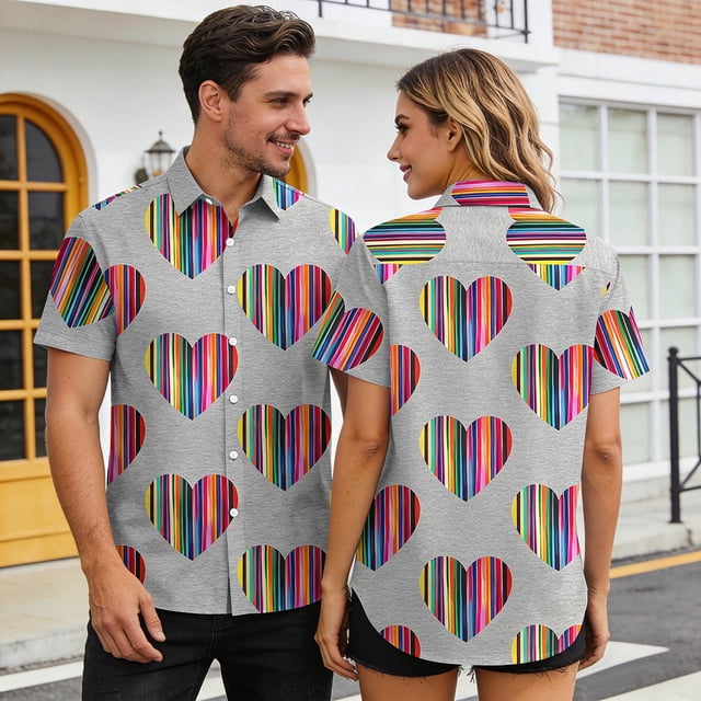 TaTaai Men Women Casual Printed Shirt Short Sleeve Turndown Collar, Valentine's Day Christmas Soft Elastic Gift