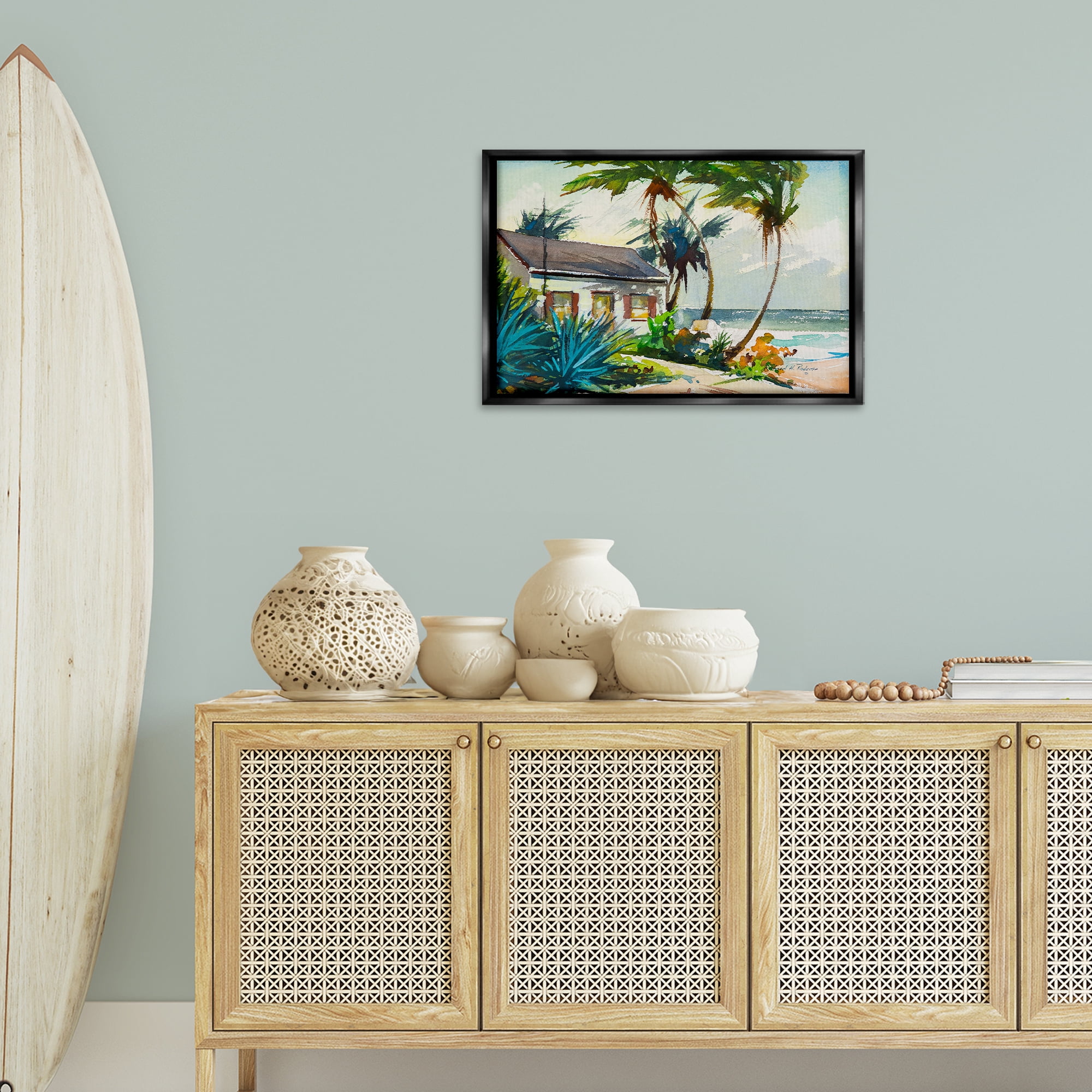 Stupell Industries Windswept Palms Cottage Landscape & Nature Painting Black Floater Framed Canvas Art Print Wall Art, 25 x 17