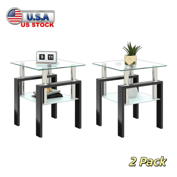 Tcbosik 2 Pack Square Glass Side Tables, 2-Tier End Table with Storage Shelf, 17.7" Night Stand for Small Space, Living Room, Bedroom, Transparent & Black