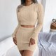 thumbnail image 3 of Conjunto de jersey de dos piezas con detalle retorcido en el ombligo para mujer - Top de punto y falda ajustada - Conjunto informal de otoño/invierno (S-L), 3 of 8