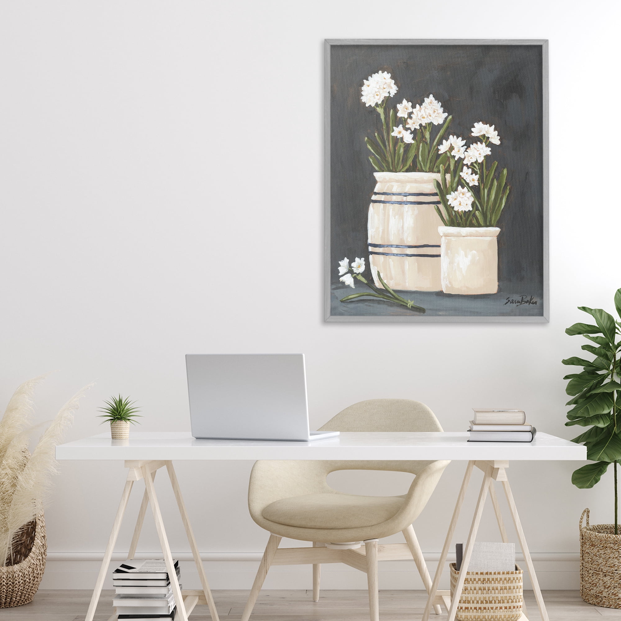 Stupell Industries Vintage Crocks & Paperwhites Gray Framed Giclee Art, design by Sara Baker