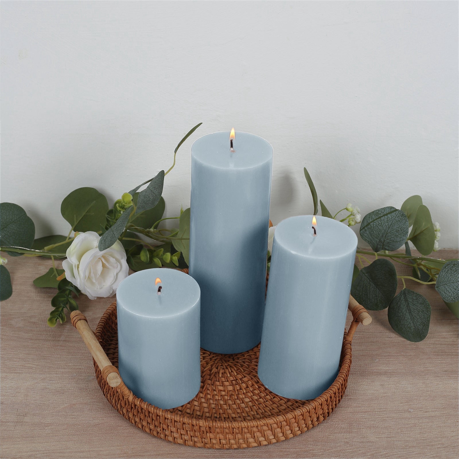 Efavormart 12-Pack Unscented Pillar Candles – Dripless 3"x4" Dusty Blue Paraffin Wax with Smokeless Cotton Wicks, Clean & Long-Lasting Burn for Weddings, Home & Event Decor