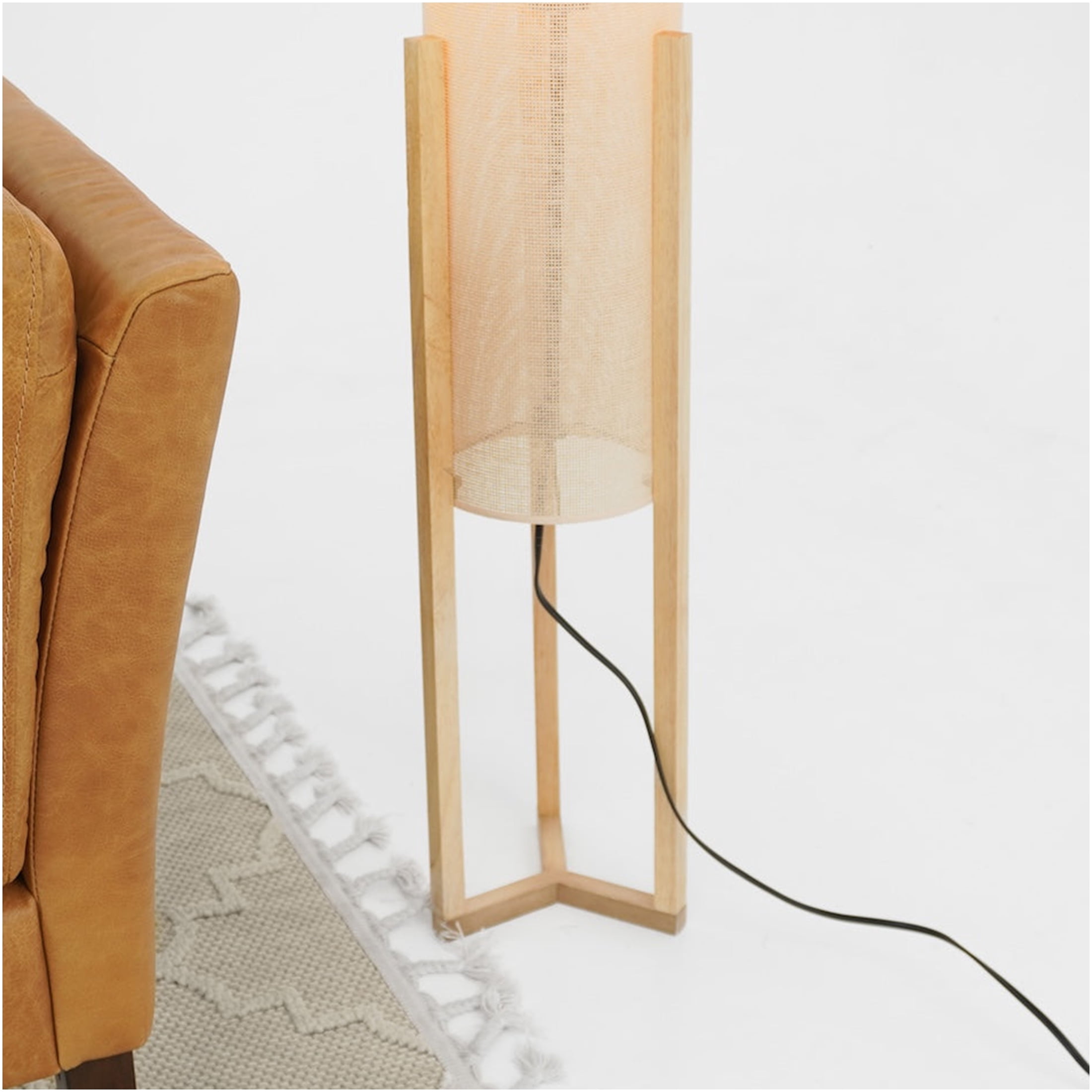 JERFIT Modern Floor Lamp for Living Room, Tall Standing Light with Drum Shade, Oak Wood Accent, Foot Switch, 110V-120V Plug-in for Bedroom, Office, Reading Nook