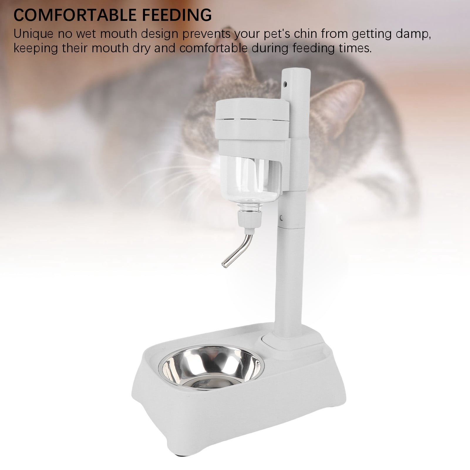Riousery 500ml / 16.9 oz Pet Standing Water Dispenser with Stainless Steel Bowl, Height Adjustable Automatic Feeder for Cats and Dogs, Elegant Gray