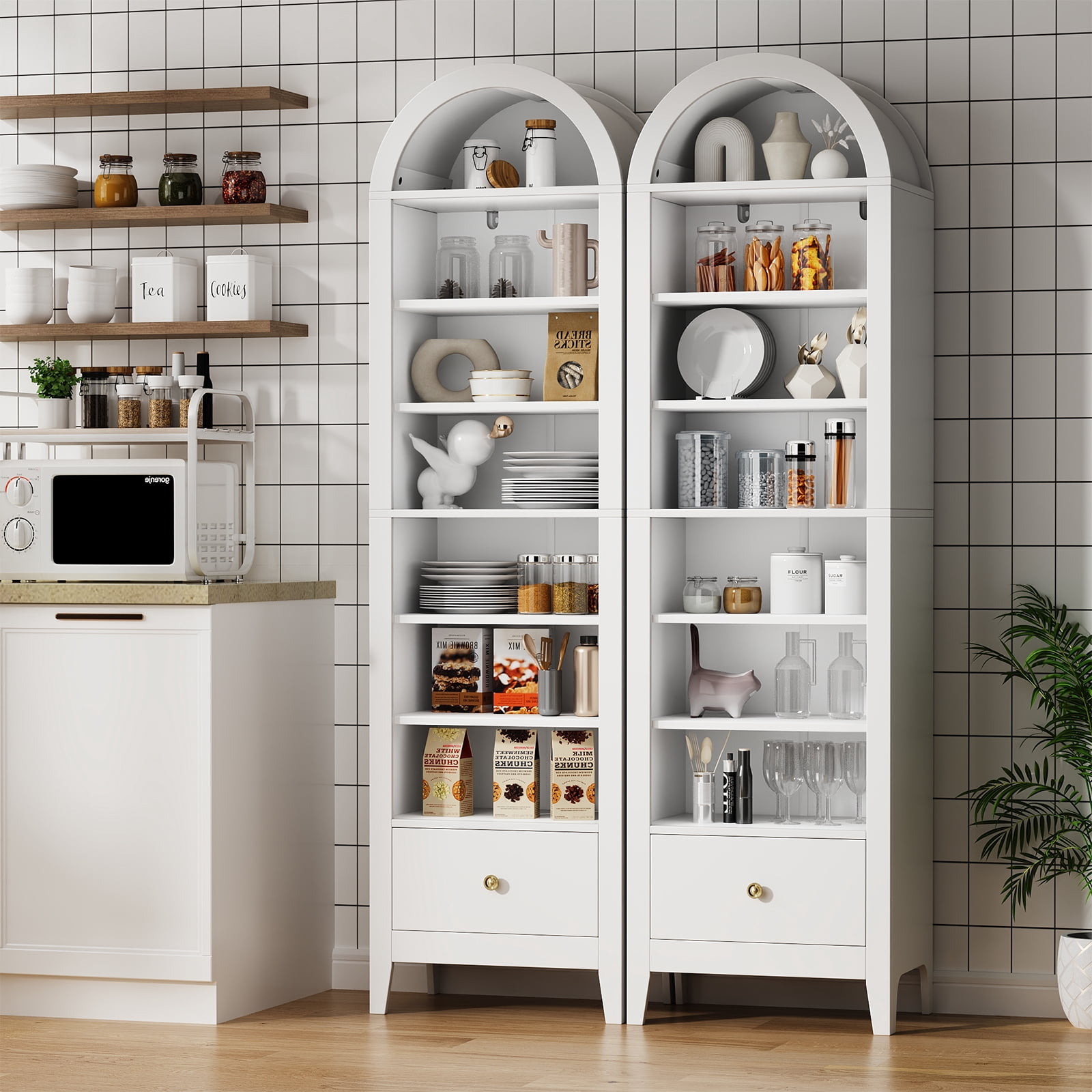70" Arched Tall Kitchen Pantry Cabinet, 8-Tier Arched Storage Cabinet with Doors and Shelves, Shoe Cabinet for Entryway, Living Room, Hallway, White