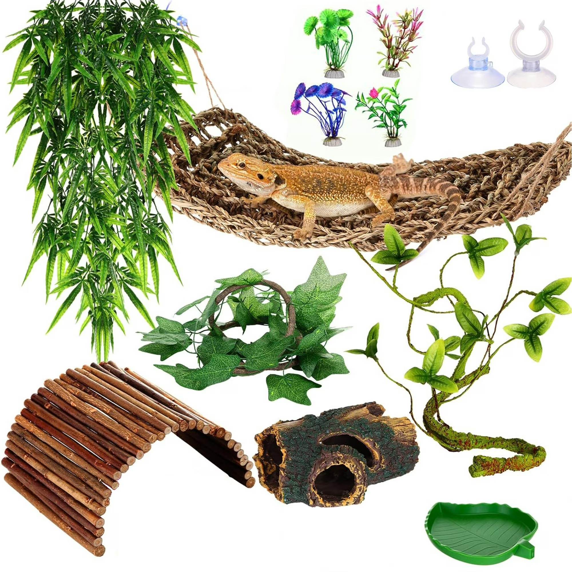 VNEKVA 11 Pack Reptile Terrarium Accessories, Bearded Dragon Hammock with Plants, Vines, Hide Cave for Lizard Gecko