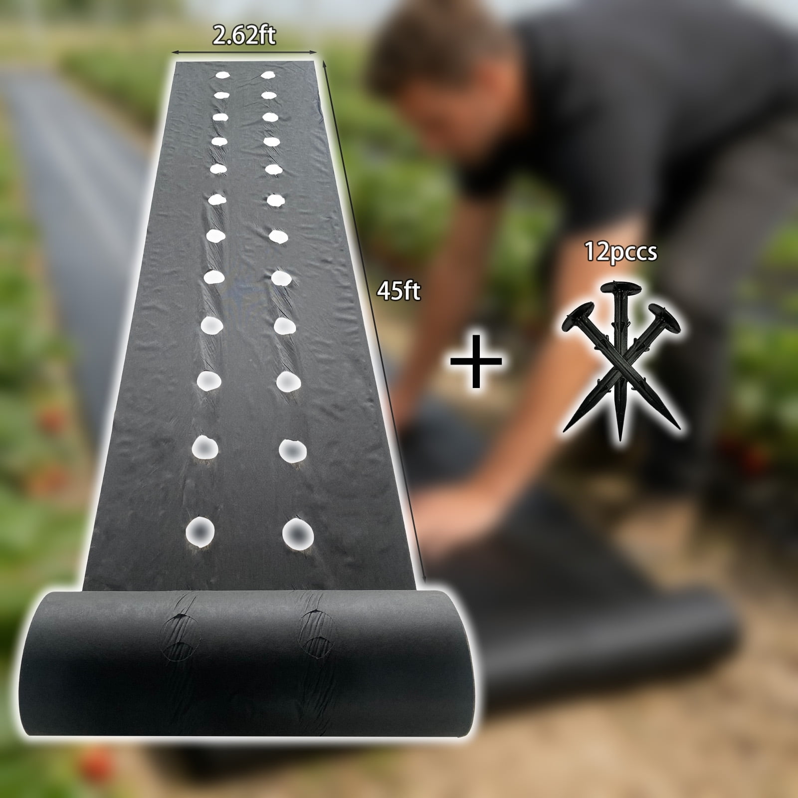 VividGarden Perforated Non-Woven Weed Barrier Fabric, 2.62 ft Wide And 45 ft Long, Includes 12 Premium garden stakes