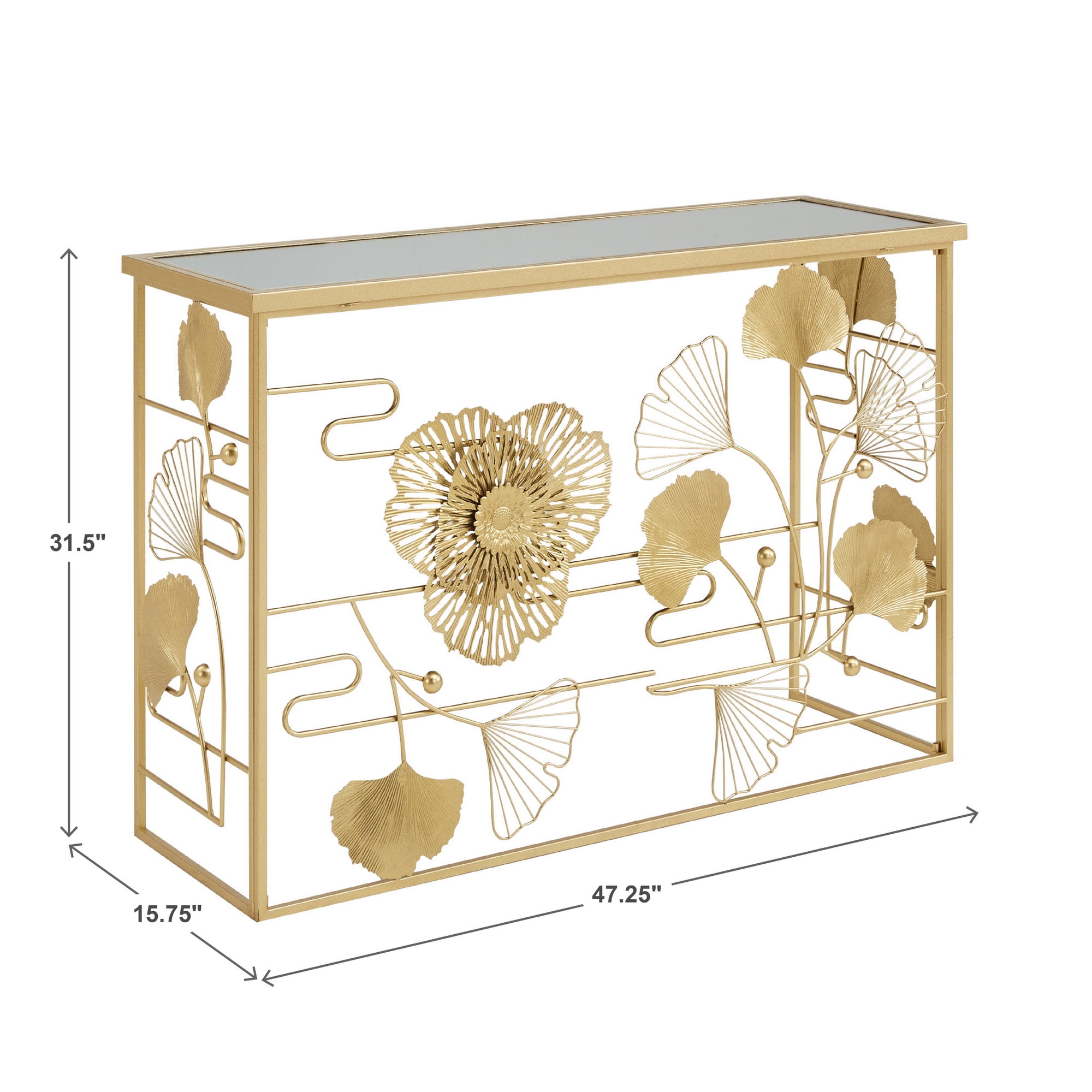 Weston Home Ditmas Gold Finish Peony and Ginkgo Console Table with Mirror Top