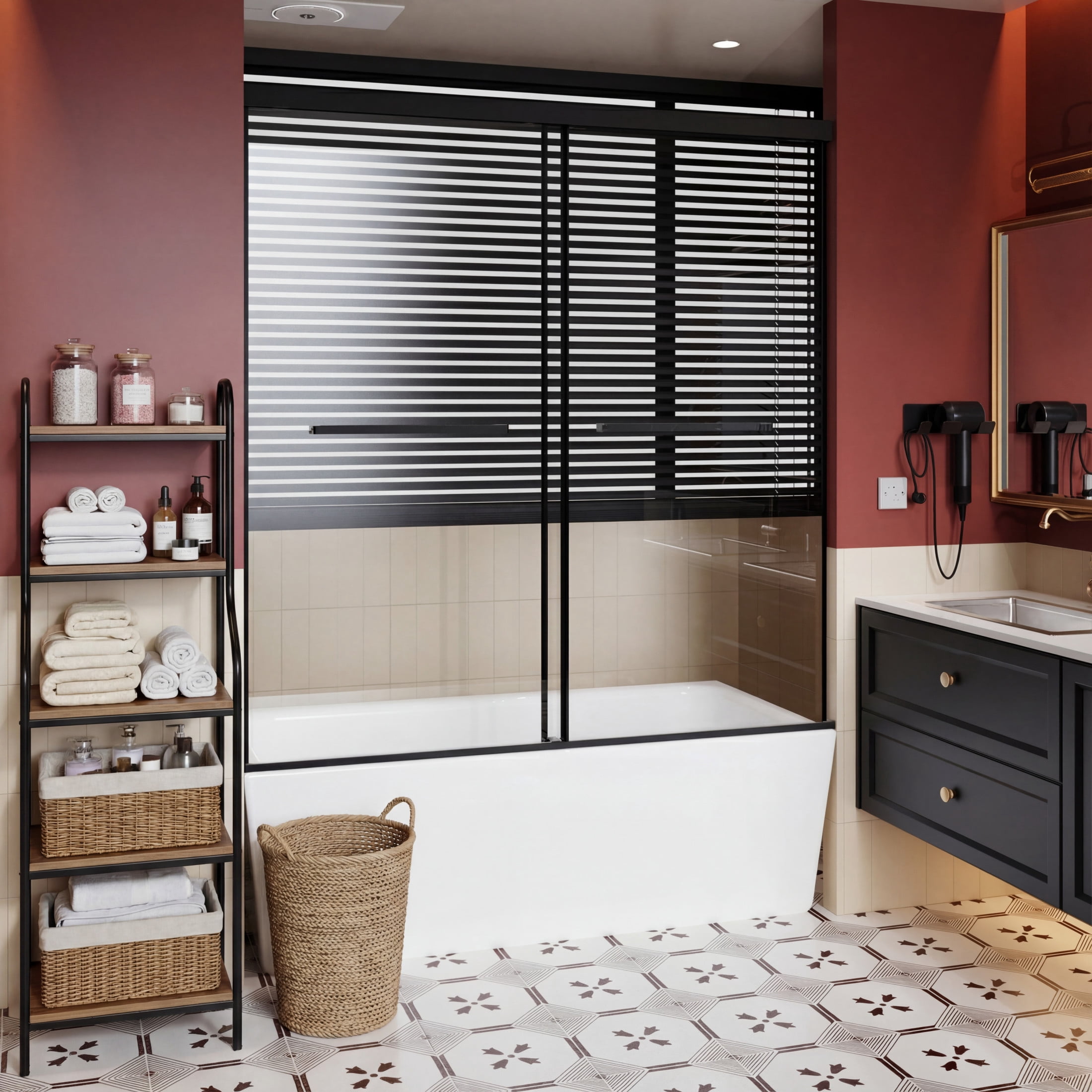 Noble House 60" x 62" Frameless Dual Sliding Shower Door with Soft-Close Track, Enhanced Leak Protection, Matt Black