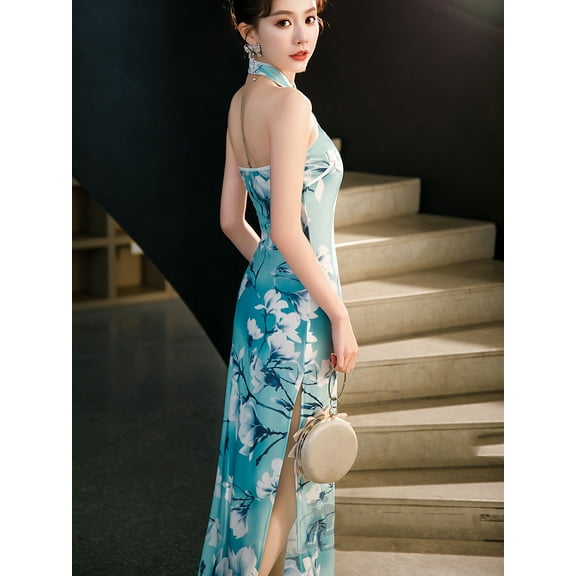 Cheongsam Women Sexy Backless Dress Sleeveless Floral Vintage Dress Long Qipao S to 5XL