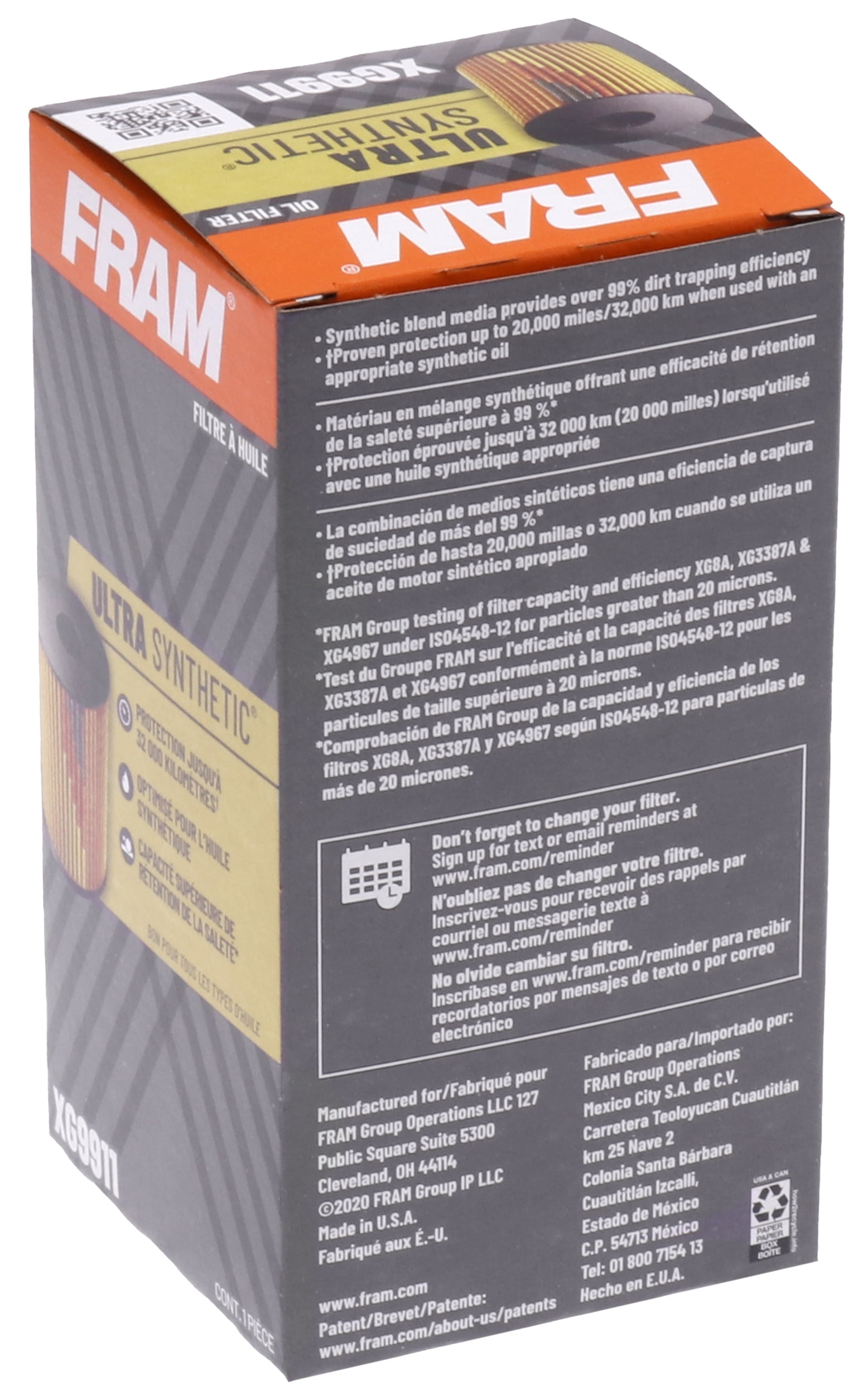 (3 pack) FRAM Ultra Synthetic Oil Filter, XG9911, 20K mile Replacement Filter for Select Vehicles